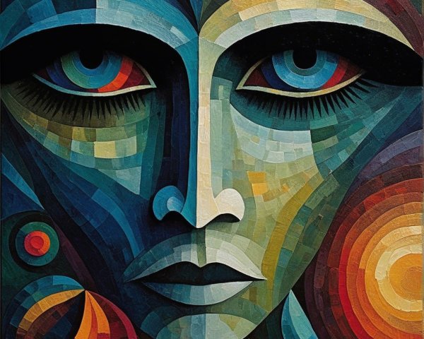 Geometric Face Artwork with Vibrant Colors and Patterns
