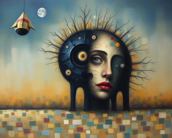 Surreal Digital Painting of Female Face and Mechanical Elements
