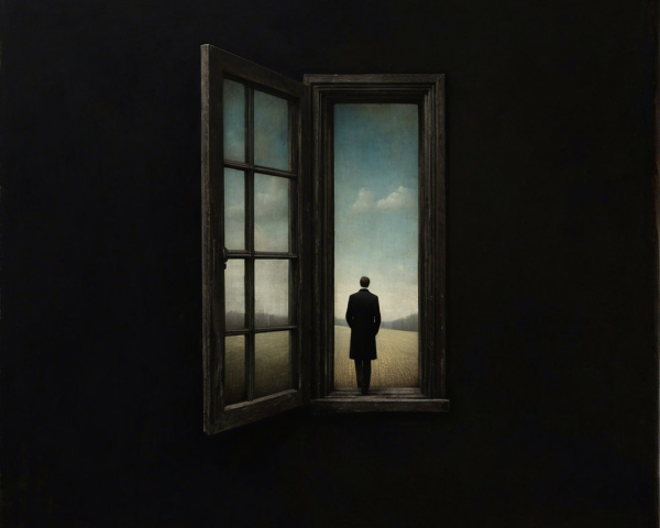 Solitary Figure in Doorway Overlooking Serene Landscape