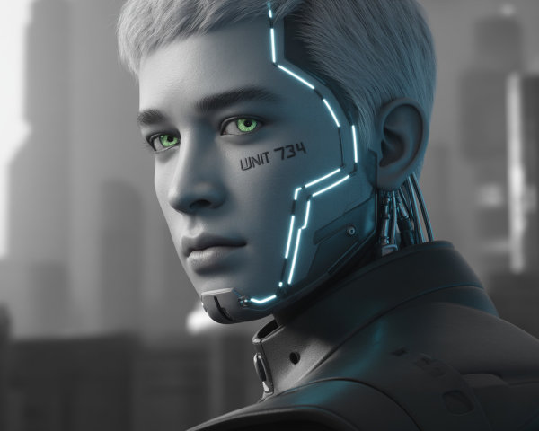 Futuristic humanoid robot with silver hair and green eyes