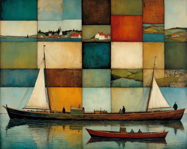 Stylized Sailboat and Rowboat on Colorful Background