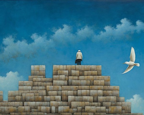 Solitary Figure on Geometric Blocks Under Blue Sky