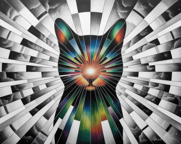 Cat Silhouette Surrounded by Vibrant Cosmic Lines