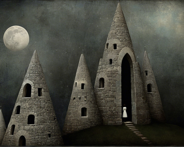 Mysterious Landscape with Stone Structures and Moonlight