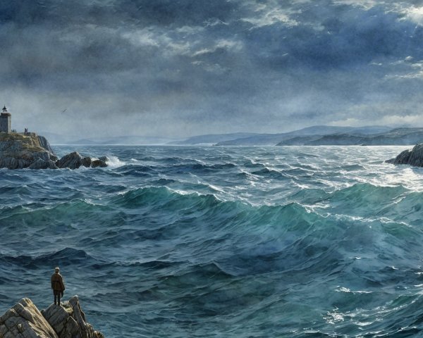 Dramatic Watercolor of Stormy Sea and Isolated Lighthouse