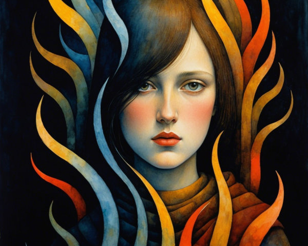 Young Woman's Serene Face Amidst Colorful Flames