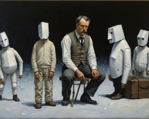 Somber Painting of Man with Cardboard-Head Figures