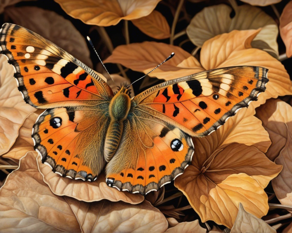 Vibrant Butterfly on Autumn-Colored Leaves