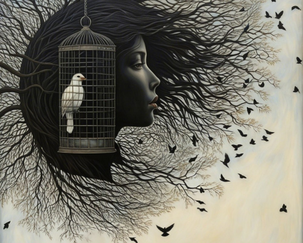 Silhouette of Woman with Hair as Branches and Birds