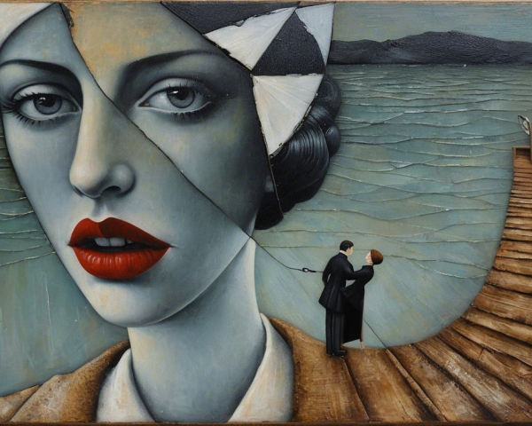 Surreal Artwork of Woman's Face and Man on Pier
