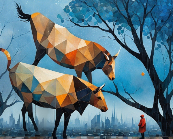 Geometric Artwork of Bulls in Warm Hues and Cityscape