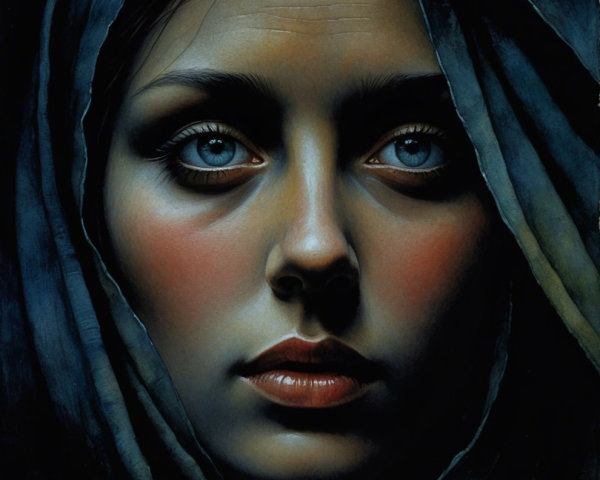 Portrait of a Young Woman with Blue Eyes and Headscarf