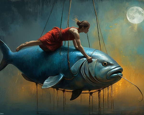 Woman in red dress on a blue fish in mid-air