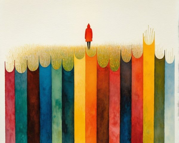 Solitary Figure in Bright Red Coat Amidst Colorful Landscape