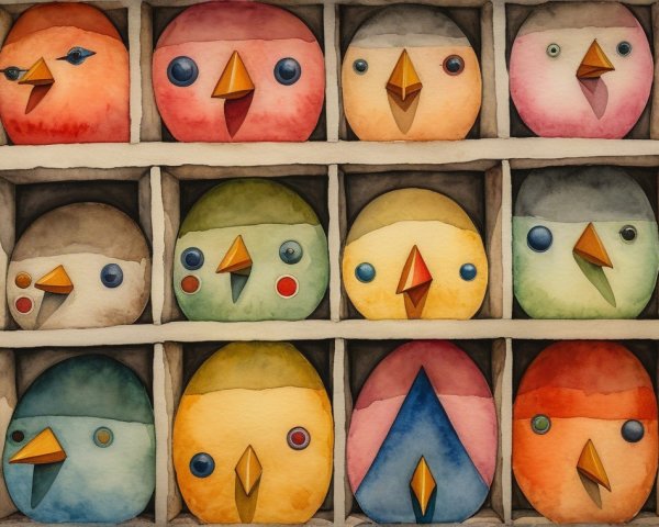 Colorful Stylized Birds with Distinct Faces in Grid