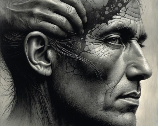 Close-up of a man's textured profile and emotions