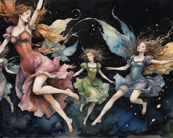 Fairies Dancing in a Starry Night Scene