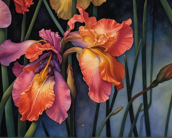 Vibrant Irises in Rich Hues Against Dark Background