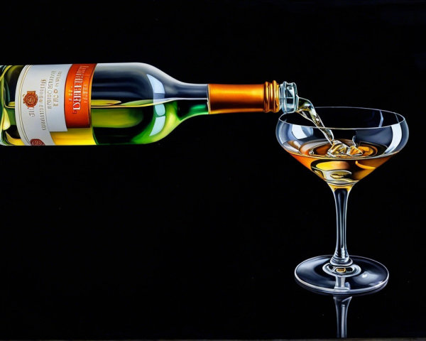 White wine pouring into an elegant glass on black background