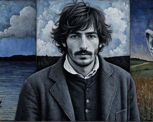 Detailed Painting of Landscape, Moon, and Man's Portrait