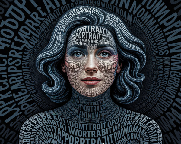 Portrait of a woman made of swirling typography patterns