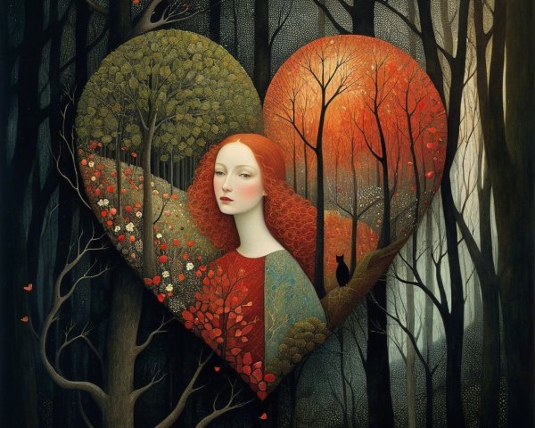 Whimsical illustration of a woman in heart frame
