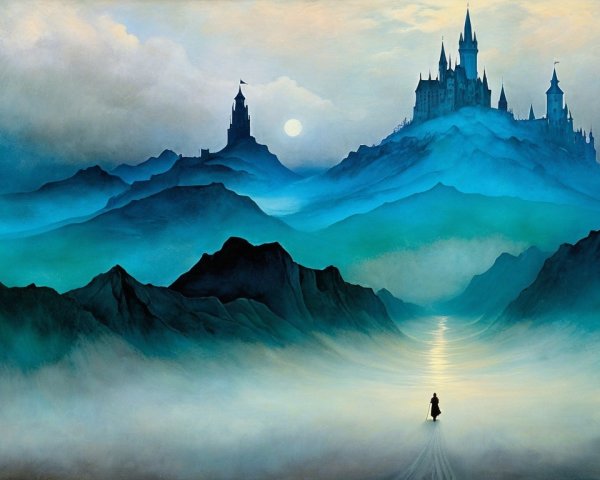 Serene Ethereal Landscape with Misty Mountains and Castle