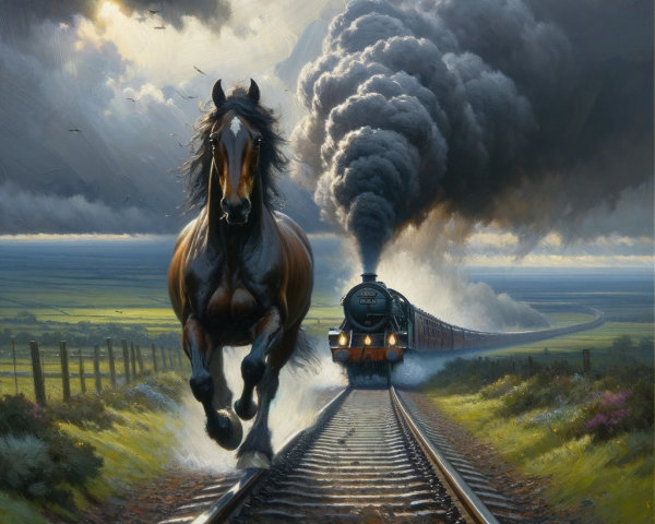 Dramatic Oil Painting of Horse and Steam Train Scene