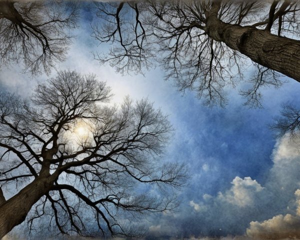 Winter Sky Framed by Bare Tree Branches and Clouds