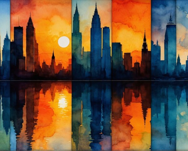 Watercolor Skyline of City at Sunset with Reflections