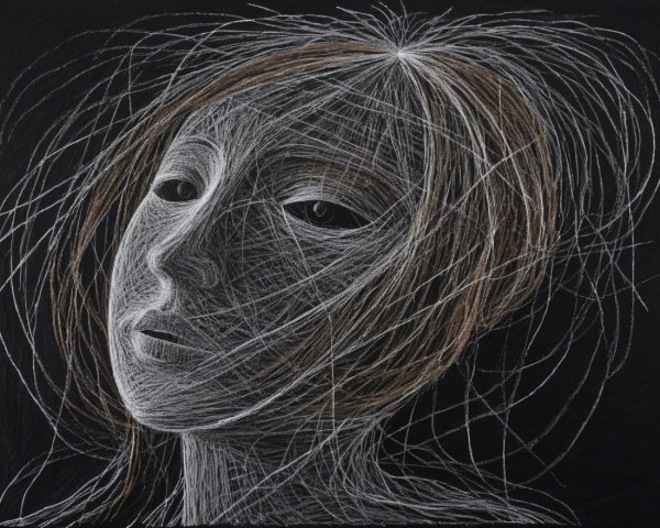Stylized portrait of a contemplative woman in flowing lines