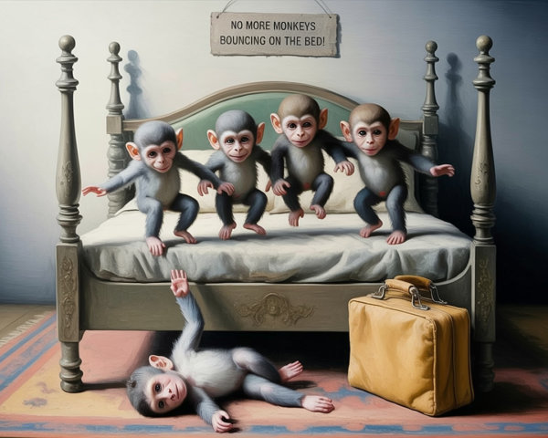 Playful Monkeys on a Vintage Bed with Humorous Sign