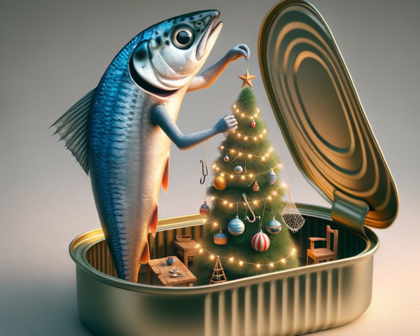Fish with Human Arms Decorating a Miniature Christmas Tree