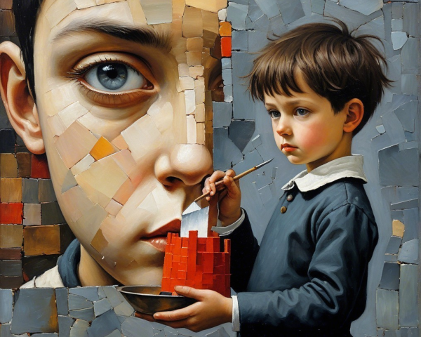 Fragmented Artwork of Boy with Blue Eyes and Faces