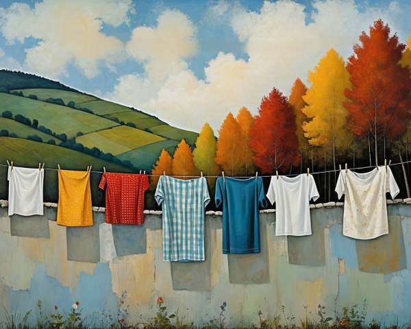 Colorful Shirts on a Clothesline in a Scenic Landscape