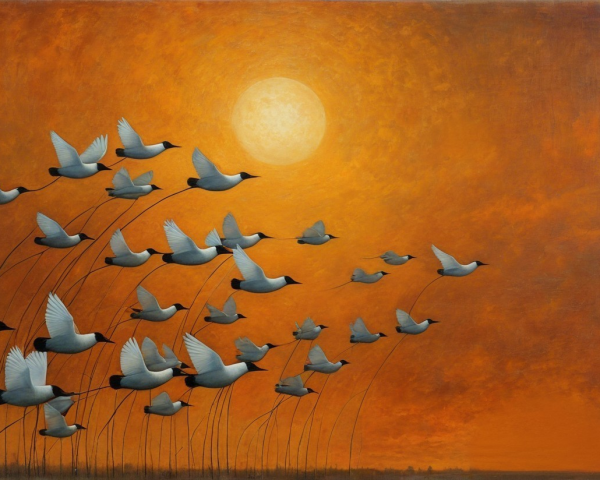 Serene Sunset with Flock of Birds in Orange Sky