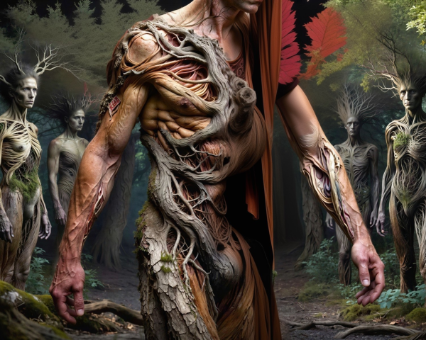 Close-Up of Tree People in a Misty Forest Setting