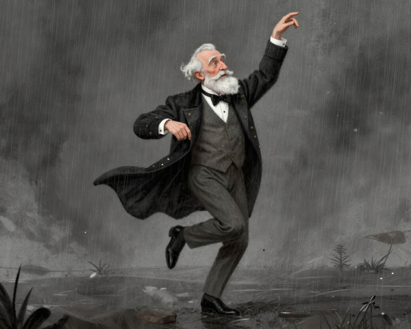 Joyful Old Man Dancing in the Rainy Landscape