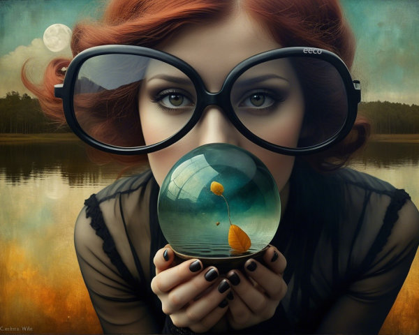 Woman with Red Hair and Glass Orb in Lakescape Scene