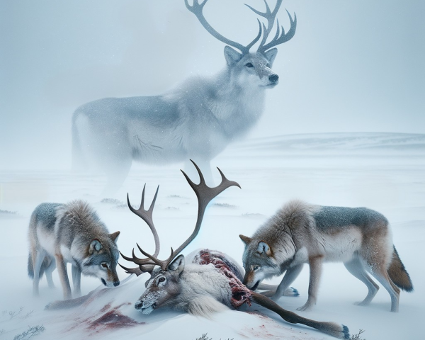 Wolves Feasting on Reindeer in Snowy Landscape