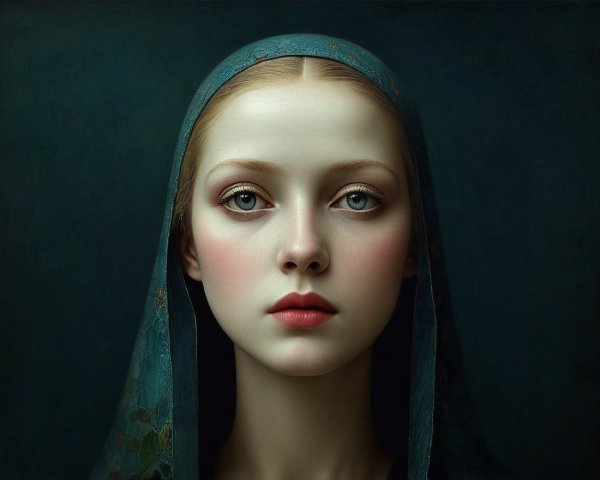 Young Woman in Deep Blue Headscarf Against Dark Background