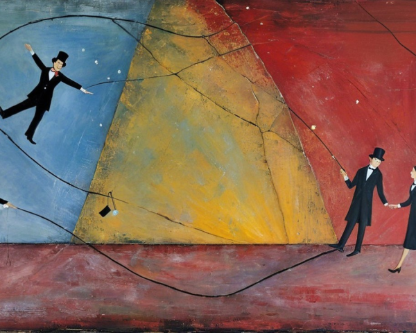 Whimsical Scene with Figures in Top Hats and Juggling