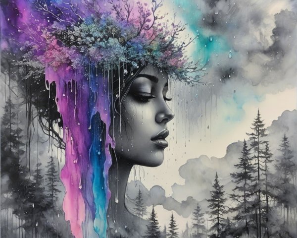 Portrait of a woman with floral elements and colors
