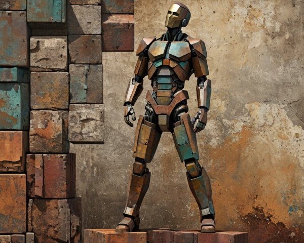 Stylized Robot Against Textured Multicolored Wall