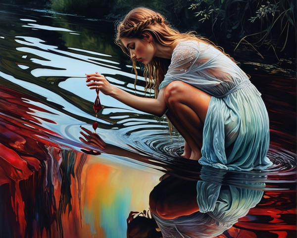 Young Woman by Tranquil River with Lush Greenery