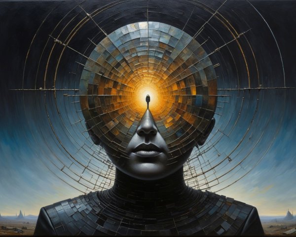 Surreal Painting of a Stylized Head with Geometric Details