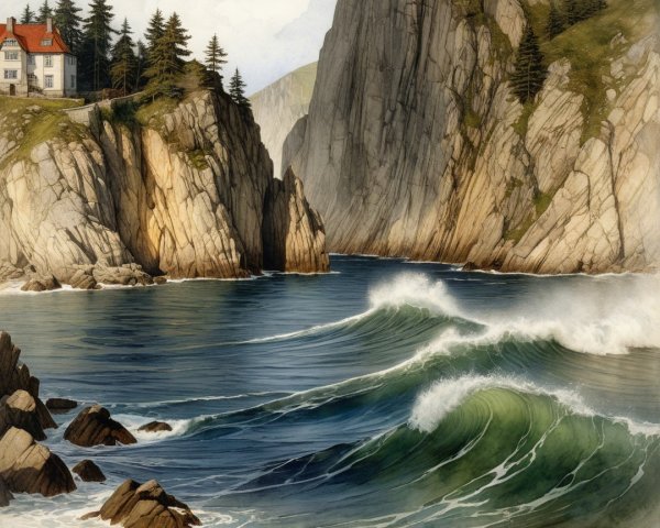 Coastal Scene with Cliffs, Waves, and House