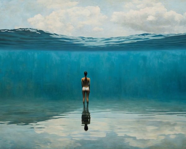 Solitary Figure in Shallow Water Facing Ocean Horizon