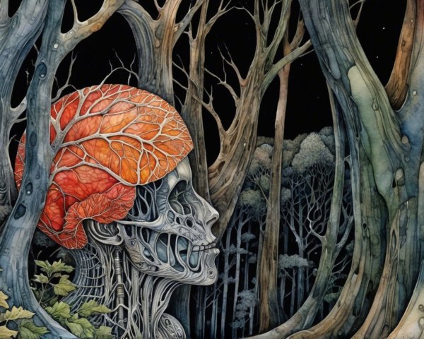Surreal Forest Scene with Skeletal Figure and Brain