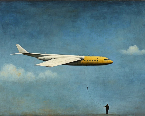 Surreal Airplane Hovering in Blue Sky with Figure